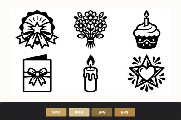 Birthday Icons Black White Vector Set