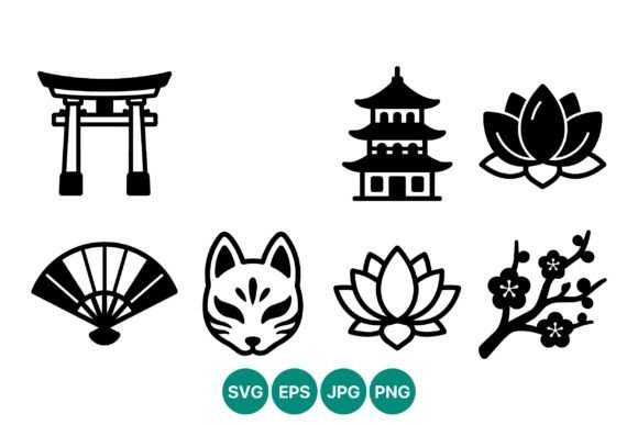 Black Silhouette Japanese Culture Icons Graphics