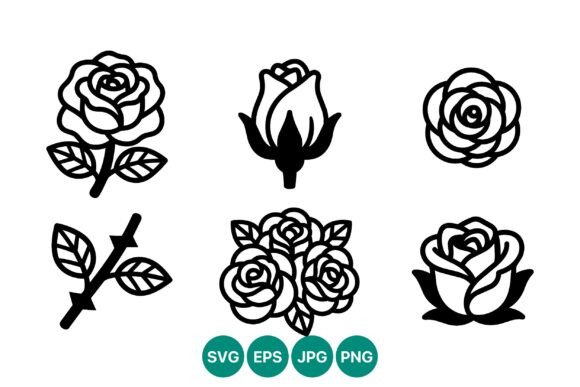 Black White Rose Line Art Set