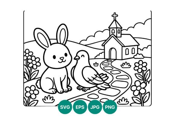 Bunny Bird Church Line Art Vector