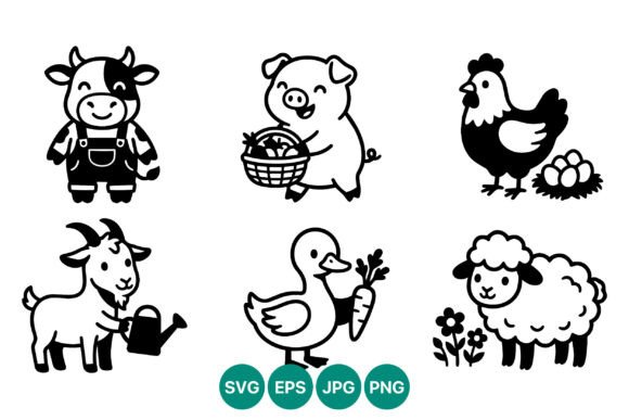 Cartoon Farm Animals Black White Vector Graphics