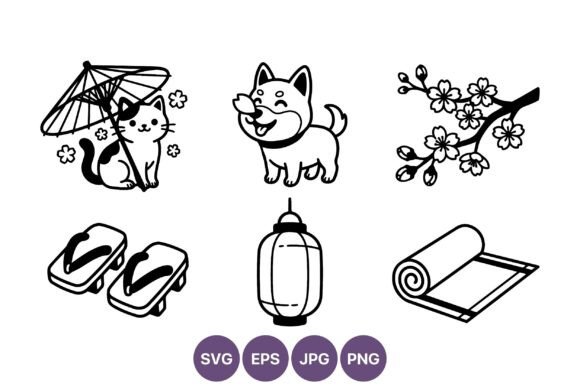 Cat Dog Cherry Blossom Japanese Vector