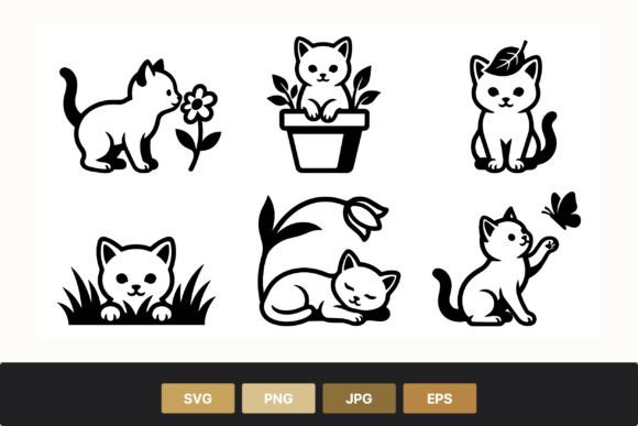 Cat Playing Flower Butterfly Line Art Graphics
