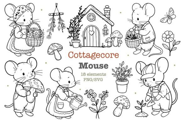 Cottagecore Mouse Clipart: Graphics for Cozy Design