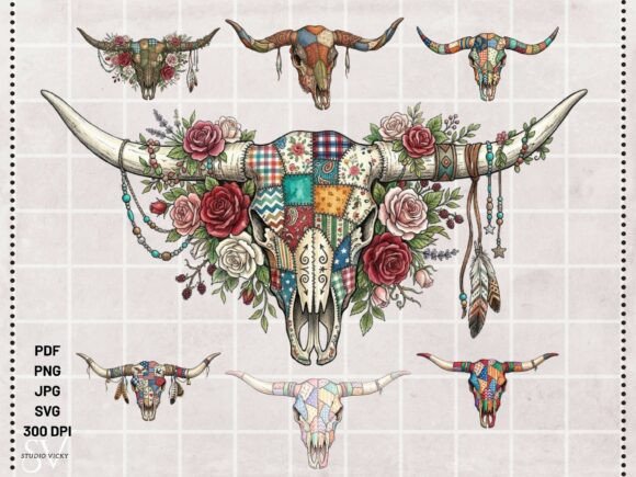 Cow Skull Faux Patchwork Bundle SVG PNG Graphics