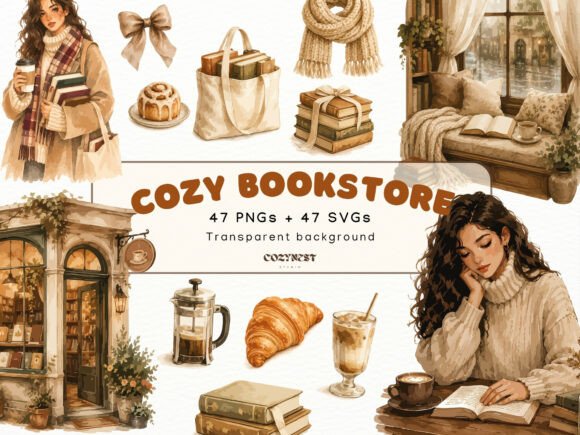 Cozy Bookstore Cliparts, Watercolor PNG