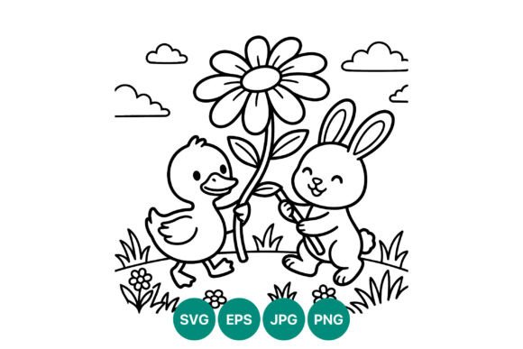 Cute Bunny and Duck Holding Flower Graphics