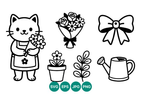 Cute Cat Holding Flower Bouquet Line Art