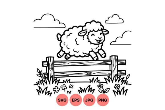 Cute Jumpumping Sheep Line Art Graphics