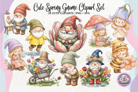 Cute Spring Gnome Clipart Set: Graphics & Illustrations