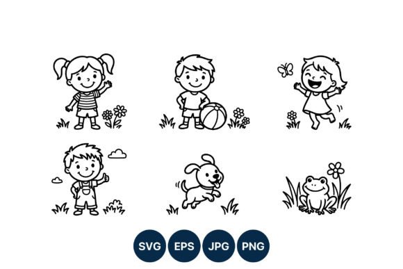 Happy Kids Playing Dog Frog Vector Art