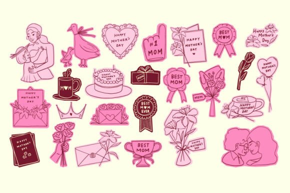 Mother Day Pink Doodle Element Set: Graphics & Illustrations