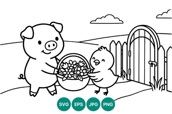 Pig and Chick Holding Flower Basket
