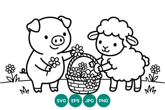Pig and Lamb Holding Flower Basket Graphics