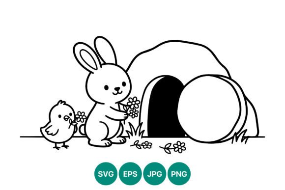 Rabbit and Chick Flower Line Art