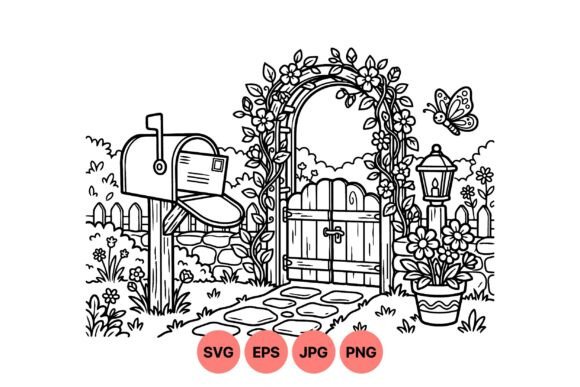Rustic Garden Gate Lineart Clipart Graphics