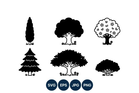 Six Black Tree Silhouettes Vector Art: Graphics for Creative Design