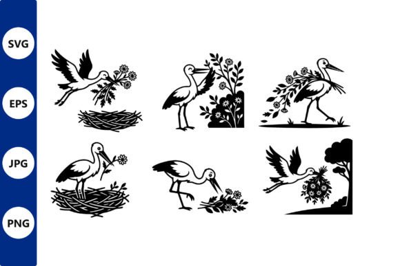Stork Line Art in Flight and Nest: Graphics and Illustrations for Creative Sellers