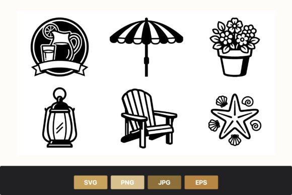 Summer Icons Black and White Vector Art