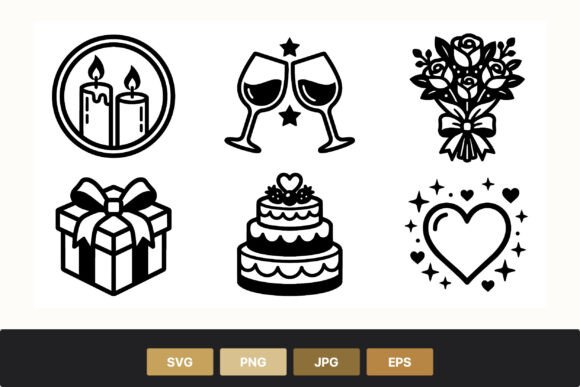 Wedding Cake Heart Bouquet Vector Icons