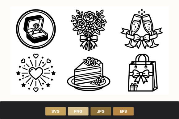 Wedding Icons Black White Line Art Graphics